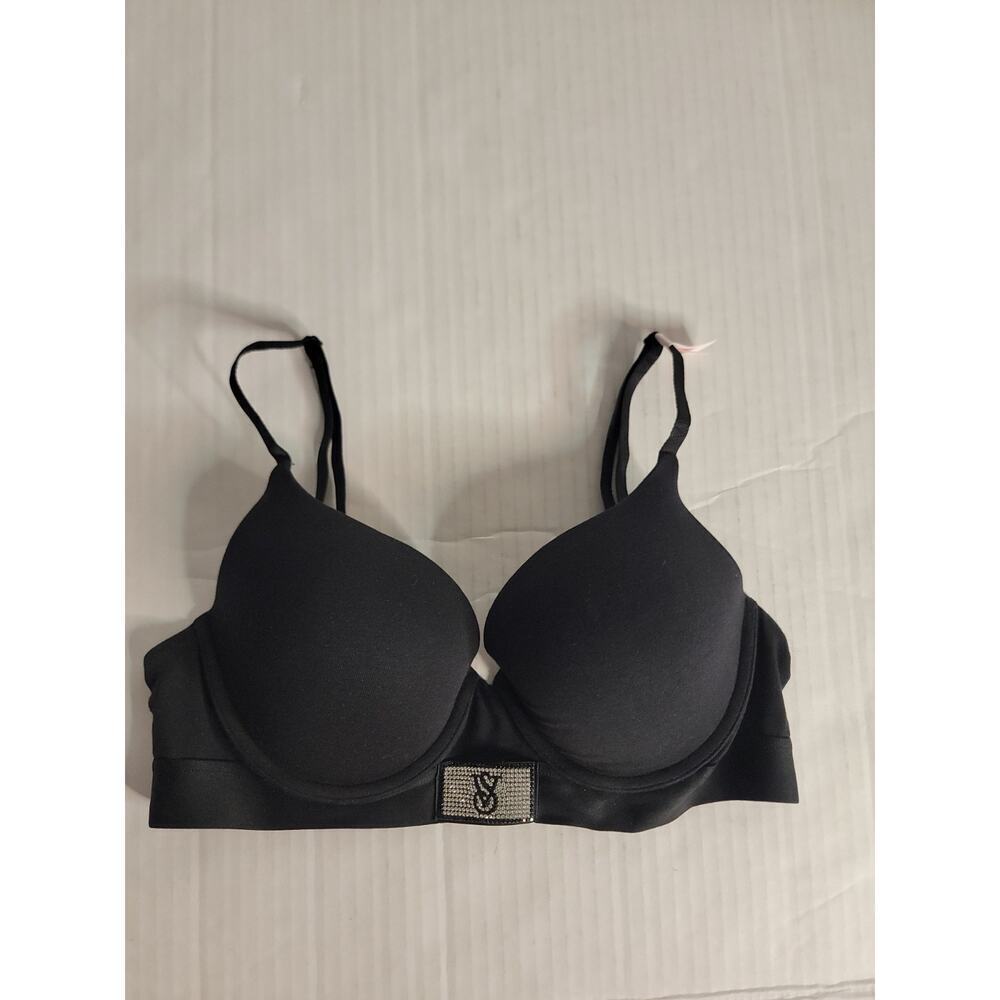 Victorias Secret T-Shirt Push Up Bra Sz 34C Full Coverage Black Sparkly Logo